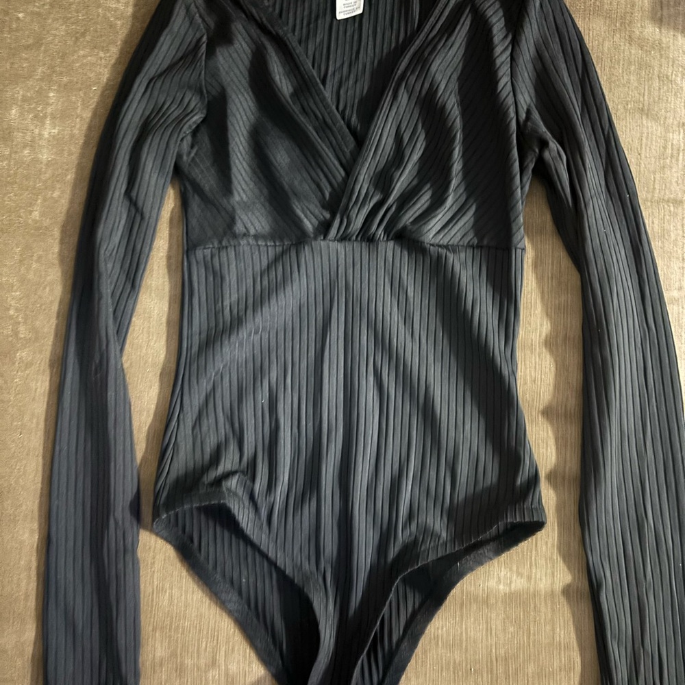 Black Ribbed Long-Sleeve One-Piece